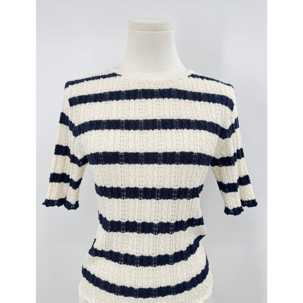 Zara Navy Ivory Stripe Pointelle Short Sleeve Sweater Stretch Knit M NWT